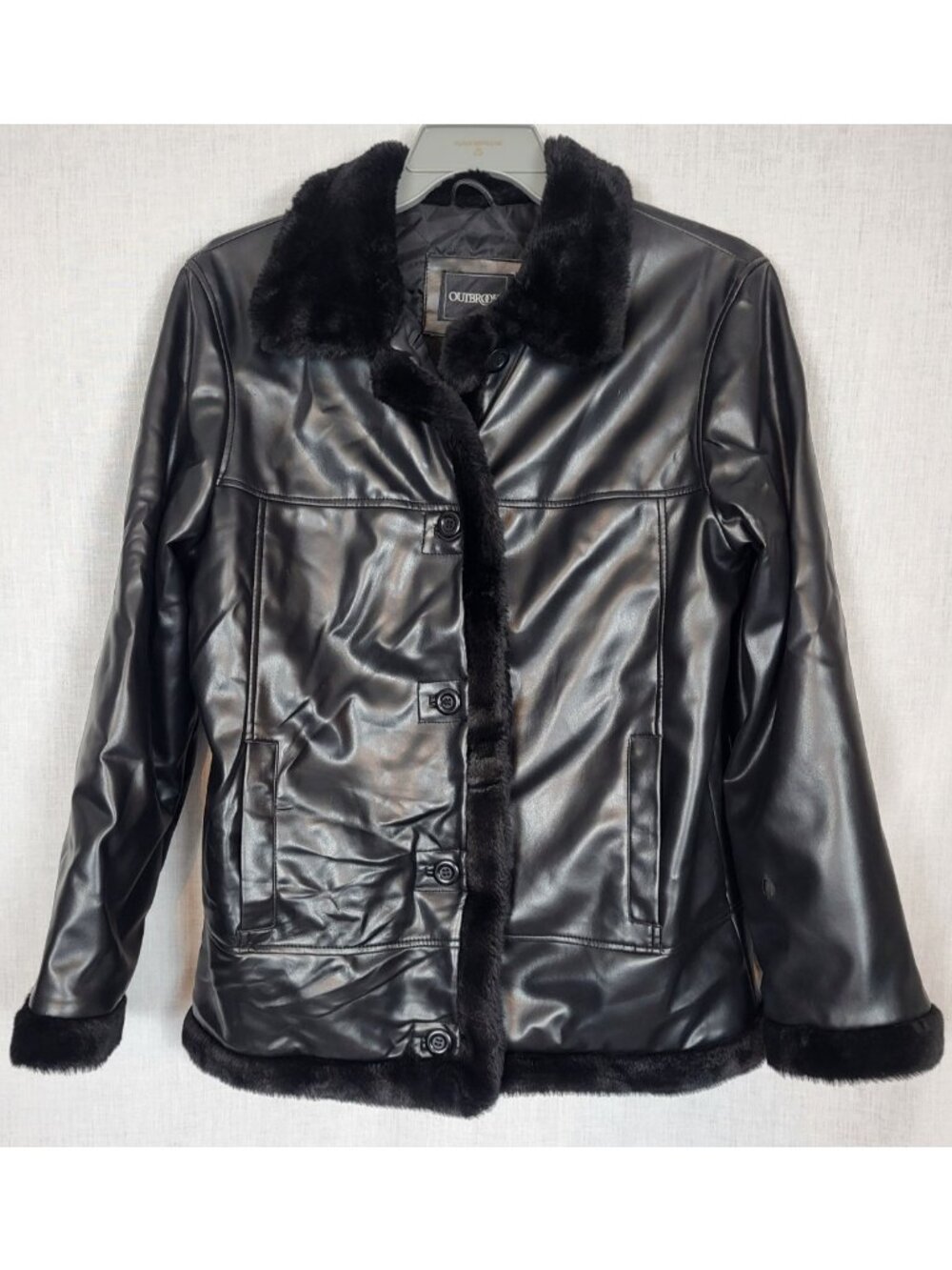 Outbrook Black Leather Like Jacket Women's L Outlined in Faux Fur Winter Quilted